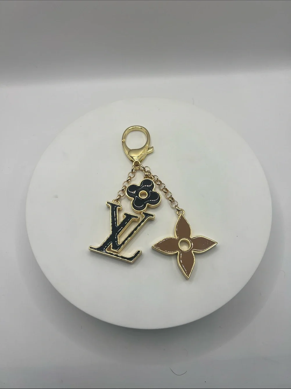 1400. Black & Tan Enamel Charm Bag Chain with Gold Hardware